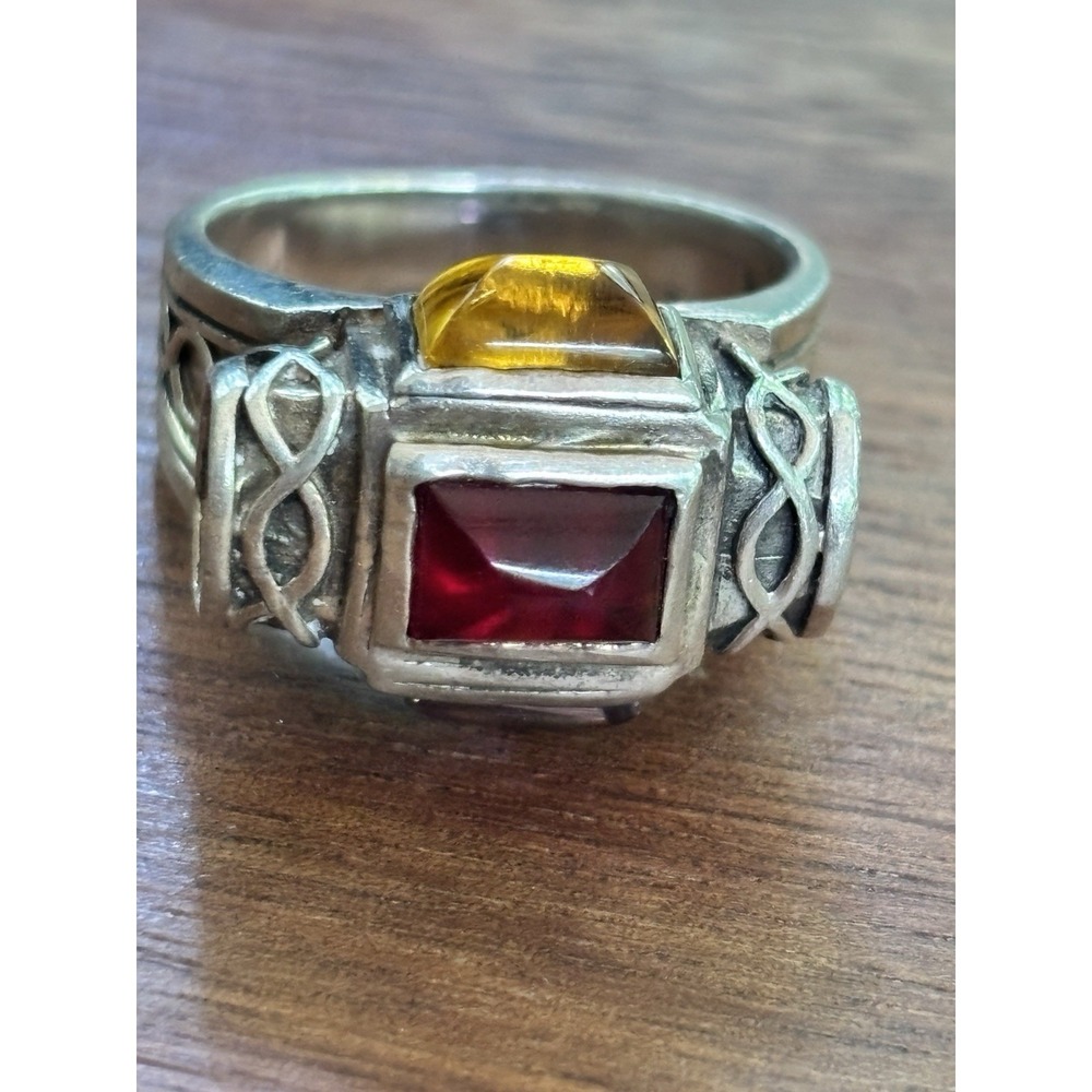 Vintage STERLING SILVER Purple Red And Yellow Stone Ring Size 7.5